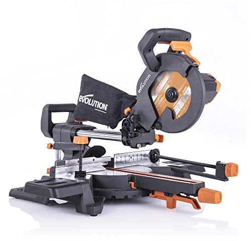 Evolution Power Tools R210SMS-300+ Sliding Mitre Saw with Multi-Material Cutting, 45 Degree Bevel, 50 Degree Mitre, 300 mm Slide, Blade Included Cuts Wood Plastic Metal & More (1500 W, 230 V, 210 mm)