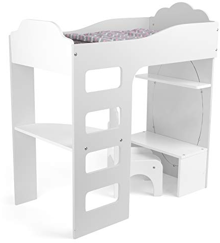 Small Foot 12025 Letto a soppalco per bambole in legno, con scala, biancheria da letto, scrivania, sedia e specchio, dai 3 anni in su