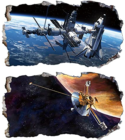 Chicbanners 2Pcs Weltraum Erde Planeten Space Wandtattoo 3D Effekt V10 Wandsticker XXL Wanddurchbruch Fenster Wandaufkleber Universum Sterne für Kinderzimmer Jungenzimmer Groß 1000mmx580mm