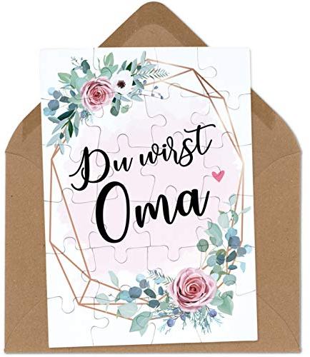 OWLBOOK Du wirst Oma rosa Blumenkranz Puzzle mit Brief-Umschlag Geschenke Geschenkideen für die Familie zur Geburt & Schwangerschaft verkünden