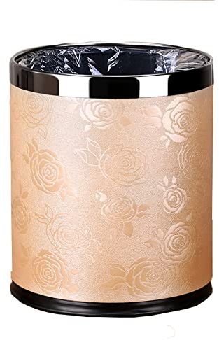 Cubo de basura de metal de lujo de 10 L, con tapa abierta de doble capa para el suelo con cubierta de piel sintética, cubo de basura para cocina, baño, hotel, oficina (oro rosa)