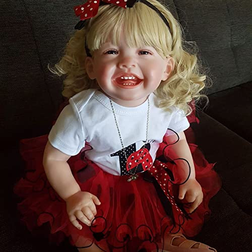 YIHANGG 68CM Fille Poupée Reborn 27 Pouces Souriant Bébé Reborn Cheveux Blonds Heureux Grande Poupée avec Robe Rouge Anniversaire Noël Cadeau Jouet