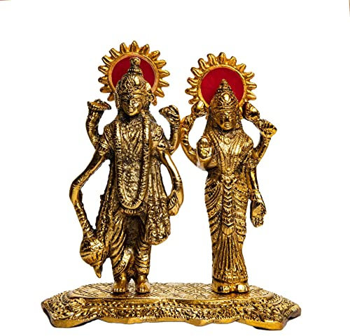 Wunder Pflege | Lakshmi Narayan-Statue mit großem Detail in Elfenbein-Antik-Finish - Laxmi Vishnu-Statue für Wohnkultur | Mandir | Geschenk |Laxmi Narayan Messing-Idole