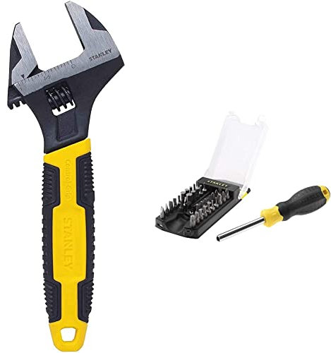 Stanley STHT070885 Multibit Screwdriver Set, 22.8X 7.6X 5cm (34 Pieces) & MAXSTEEL Adjustable Wrench 30 x 200 mm Protective Phosphate Finish and Ergonomic Bi Material Handle 0-90-948, Black, Yellow