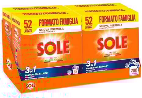 SOLE Bianco Splendente 52 Mis, Confezione da 4x2,6 kg, Detersivo in polvere con bicarbonato per bucato a mano e in lavatrice