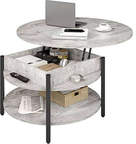 FABATO Runder Couchtisch mit Hubplatte, 90 cm, runder Couchtisch mit Stauraum für Wohnzimmer, Empfangsraum, Bauernhaus, 2-stöckig, großer runder Esstisch, Holz, Grau