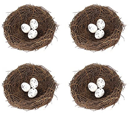 BYNYXI 4 Stück Rattan Vogelnest mit Vogeleier, 12cm Künstliches Osternest mit 12 PCS Schaum Wachteleier Festival Ostern Deko Frühling Zweige Rattan Nest für Ostern Tischdeko Basteln Foto Requisiten