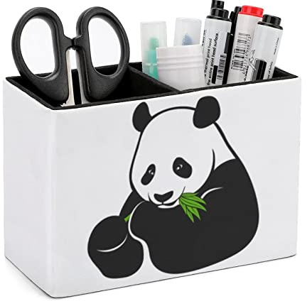 Niapessel Pot à crayons pour bureau, porte-stylos en cuir avec motif panda mignon qui mange du panda