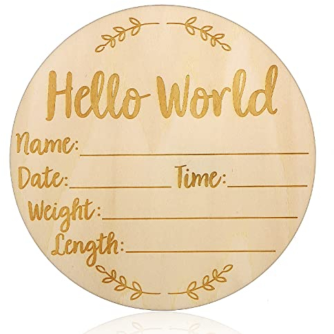 Panneaux d'Annonce de Bébé 5,9 Pouces Hello World Panneau de Bienvenue pour Nouveau Né Panneau Mural Bois de Naissance Ronds en Bois avec Nom de Bébé Panneaux d'Annonce de Date Carte Naissance