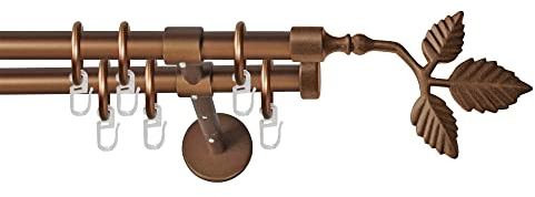 Garesa Gardinenstange Rustika Ø 16mm, 2-läufig, Bronze I Rustikale Vorhangstange aus Metall inkl. Ringe + Faltenlegehaken I Mit Endknopf Blatt I 400cm