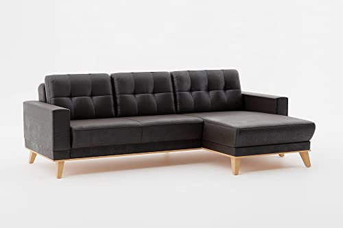 CAVADORE Ecksofa Lima mit Longchair / L-Form-Couch in Wildlederoptik mit Schlaffunktion + Bettkasten / Holzrahmen + Steppung im Rücken / Mikrofaser, Dunkelgrau