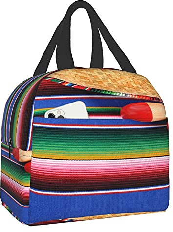 LOUJIN Lunch Bag Mexican Culture Theme with Sombrero Straw Hat Maracas Serape Blanket Rug Tote Bag Lunch Boxes Reusable Insulated Cooler Bag