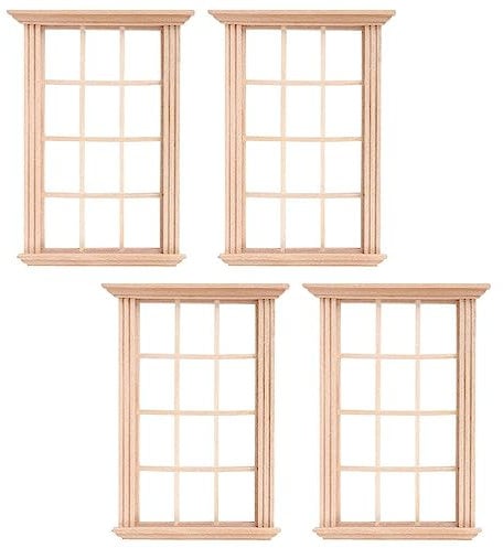 jojofuny 4Pcs Miniature Dollhouse Windows: 1:12 Scale Wooden Window Frames with 12 Panes - Dollhouse Furniture for DIY Mini House Decoration