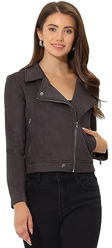 Allegra K Chaqueta Corta de Mujer Soft Moto Zip Up Pockets Chaquetas de Motociclista de Gamuza sintética Gris Oscuro S