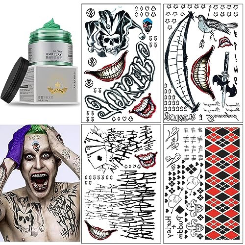 4 Blätter Halloween Clown Temporäre Tattoo+Grün Haarwachsfarbe,Joker Tattoo Abziehbar Cosplay Aufkleber,Horror Night Body Aufkleber Kostüm Halloween Karneval Fasching Cosplay Thema Party