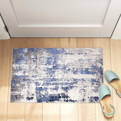 renoazul® Washable Soft Pile Turkish Rug, 60 x 110 cm, 2 ft x 3 ft 7 in, Abstract Navy, Jute Backed Unique Mat for Indoor, Door, Home Decor, Floor, and Front Entrance