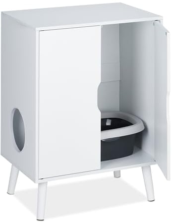 Relaxdays Katzenschrank für Katzentoilette, 2 Türen, Katzenklo verstecken, Eingang, Katzenkommode HBT: 77x58x40 cm, weiß