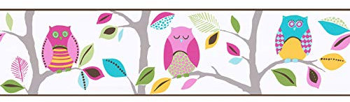 BRICOFLOR Frise papier peint coloré pour chambre d'enfant Frise tapisserie à motif oiseaux Frise murale motif arbre rose, bleu et vert