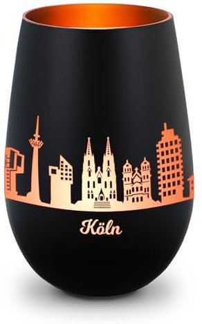 GRAVURZEILE Deko Windlicht aus Glas mit Gravur - Skyline Köln - Hochwertige 360° Lasergravur - Dekoratives Geschenk als Andenken, Souvenir oder für Sammler zum Geburtstag - Farbe: Schwarz/Bronze