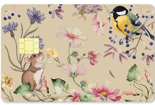 CREATCABIN Blumen-Kartenaufkleber,Debit Kreditkarten-Skins,Vogel Mausmotiv Personalisieren Bankkarten,Schutz Aufklebern,Wasserfest,Blasenfrei,Schmal,Entfernbar,Für Transport Schlüsselkarten,186x137mm