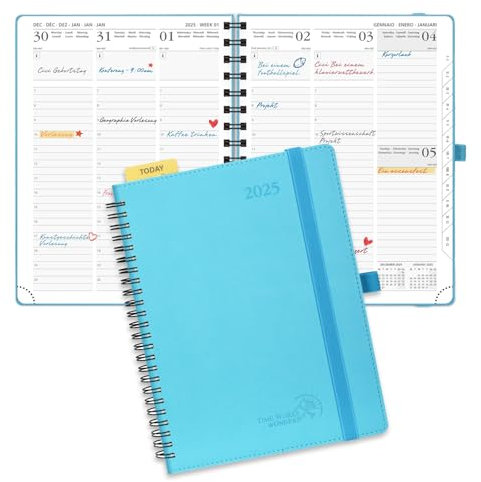 POPRUN Kalender 2025 Wochenplaner Ringbuch mit Softcover, ca. A5 (22 x 16,5 cm), 12-Monate-Terminplaner (Jan.2025-Dez.2025) 1 Woche 2 Seite mit 100 GSM FSC®-Zertifiziertem Papier - Blaugrün