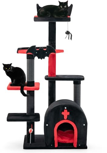 PETSITE Gothic Cat Tree, 53 Inch Multi-Level Cat Tower with Scratching Posts, Cat Bed, Arch-Shaped Condo, Pompom and Spring Balls, Goth Cat Tree for Indoor Cats Large