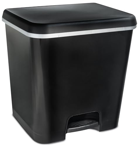 Hummelladen Mülleimer Treteimer 52 Liter eckig 42x38x50cm Schwarz Kunststoff - Duoeimer mit Trennschiene Pedal Küche Pedaleimer Papierkorb Eimer Abfalleimer Abfallbehälter Mülltonne Müll Mistkübel