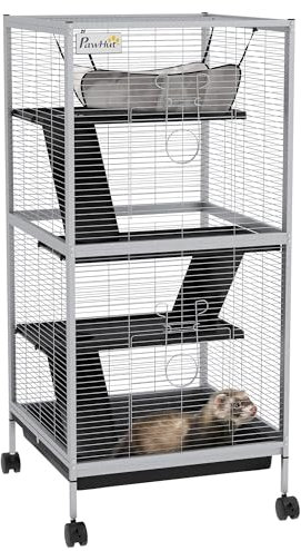 PawHut Jaula para Animales Pequeños de 4 Niveles Jaula para Roedores con Ruedas 2 Puertas 3 Rampas Hamaca Colgante y Bandeja Extraíble para Chinchillas 52x52x113,5 cm Gris Claro