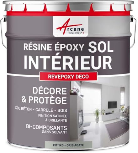 Peinture Sol - Résine Epoxy : Peinture pour Sol salon, cuisine, salle de bains - Effet Miroir - REVEPOXY DECO - 1 kg (jusqu'à 5 m² en 2 couches) Gris Agate - RAL 7038 - ARCANE INDUSTRIES