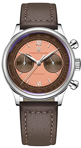 Pagani Design Luxus Herren Chronograph Uhren Synthetischer Saphir VK64 Quarzwerk 200M Wasserdicht Lederband Vintage Analog Armbanduhr, Orange-Leder