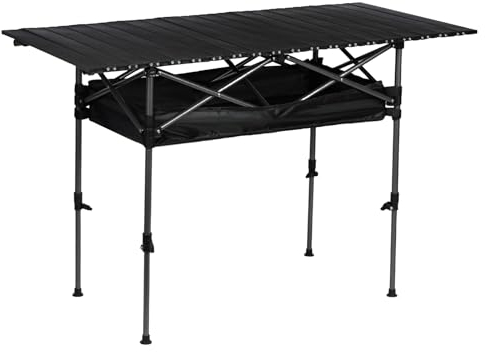 Adjustable Height Camping Table, Heavy-Duty Roll-Top Table for Camping-Folding Portable Outdoor Table with Large Storage Organizer and Carrying Bag, Collapsible Picnic Table 47(L) x22(W) (Schwarz)