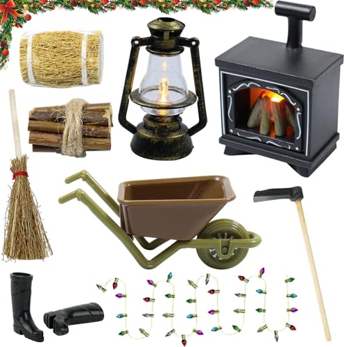 Wichtel Zubehör Weihnachten, Wichtelhaus Zubehör, Miniatur-Wichtelzubehör mit Leuchtendem Kamin, Petroleumlampe, Heuhaufen, Hacke, Gummistiefeln, Schubkarre, Besen, Brennholz, DIY Geschenk für Kinder