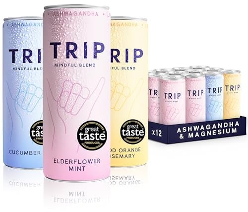 TRIP Mindful Blends - Mixed Pack Sparkling Drink with 1440MG Magnesium + Lion’s Mane + Chamomile + Lemon Balm. Low Calorie and Vegan (Pack of 12 x 250ml)