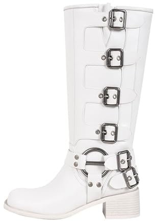 MissHeel Damen Stiefel mit Blockabsatz Halbstiefel Schnalle Kniestiefel Punk Gothic Schuhe PU Leder Weiß 41 EU