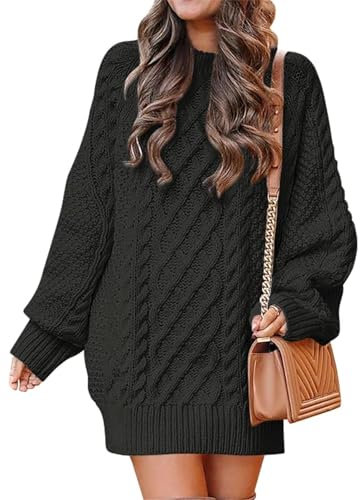 Women Long Sleeve Oversized Cable Knit Chunky Baggy Loose Pullover Tunic Mini Sweater Dress Trendy Fall Outfits(Black,XL)