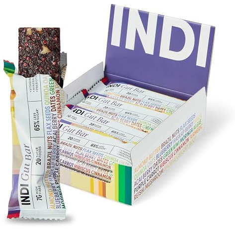 INDI Gut Bar | High Fibre Snack Bar for Gut Health | Vegan & Gluten Free | 20 Superfood inc. Raw Fruit, Nuts & Seeds | 12 Pack | Made in UK