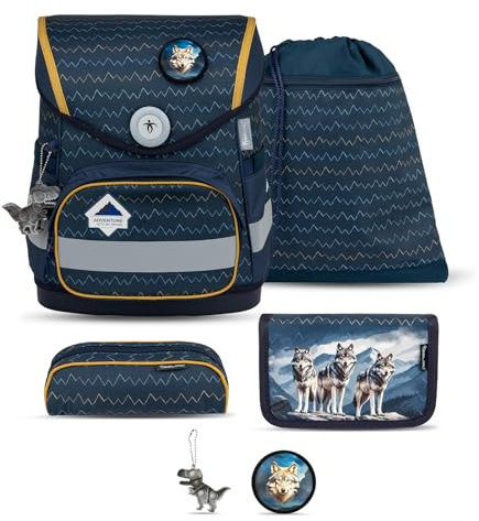 Belmil Compact mit Patches Schulranzen Set 5-teilig mit Brustgurt (405-41/AG/B/S) (Wolves)