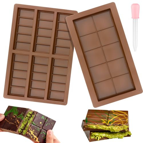 TNOMSNO 2 Pièces Moule Tablette Chocolat en Silicone, Moule Chocolat Profond Antiadhésif, 2 Moule silicone chocolat+1 Pipette, Moule Tablette Chocolat pour Fourrer les Pistaches et les Bonbons