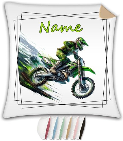 Maus-Design Kissen personalisiert mit Name Motocross | wahlweise mit Füllung, satiniert, kuschlig, mit farbiger Rückseite, Zug
