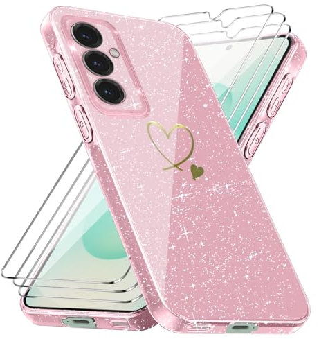 Cover Compatibile con Samsung Galaxy S25/ Samsung Galaxy S24 5G, con 3 Pezzi Vetro Temperato Pellicola Protettiva, Glitter e Antimpronta Custodia, Antigraffio e Morbido Caso - Rosa