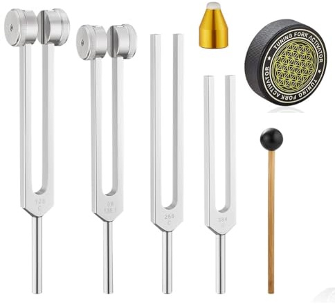 NISHZHU Stimmgabeln Zur Heilung, Stimmgabel Aus Aluminiumlegierung 128 Hz, 136,1 Hz, 256 Hz, 384 Hz, Hockey-Puck-Aktivator und Edelsteinfüße