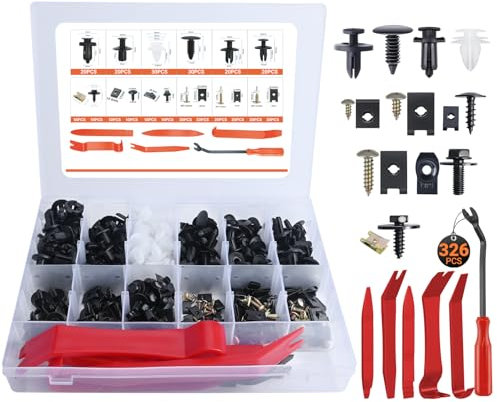 Kit de Grapas y Remaches para Coche - 326 Piezas, Incluye Clips de Plástico, Herramientas de Instalación y Almacenaje para Accesorios de Automóvil