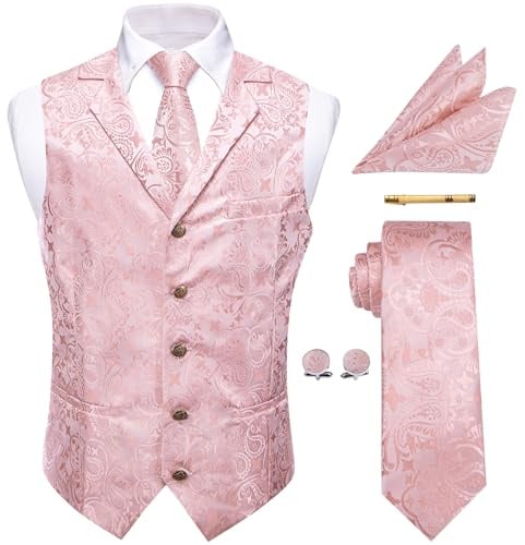 YourTies Gilet pour homme en soie jacquard à motifs floraux et cachemire avec cravate, pochette de costume, boutons de manchette et pince à cravate Idéal pour mariage, rose, S