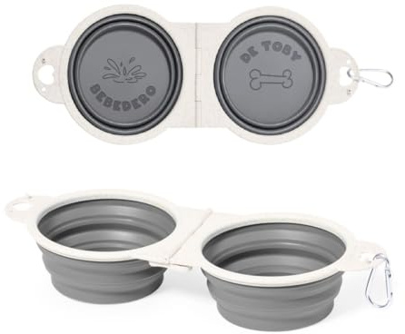 DEREGALOOS Comedero Perro Doble Plegable Personalizado con Nombre. Bowl Portátil para Agua y Comida con Mosquetón. Grabado Láser Elegante. Accesorio de Viaje para Mascotas