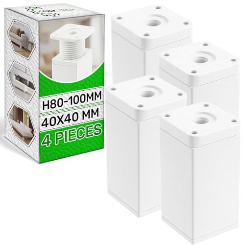 ONIX TECH 4 Piezas Ajustables Patas para Muebles H80-100 mm Base 40x40 mm - Patas Mueble Regulables están Fabricadas en Aluminio - Color Blanco - Garantía de 5 Años
