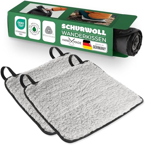 Novaliv 2er Set Sitzkissen Outdoor 38 x 38 cm Grau, Wanderkissen Schurwolle, PA-Rückseite wasserabweisend, Thermo wärmend, atmungsaktiv, rucksacktauglich – Camping, Trekking, Tour, Picknick