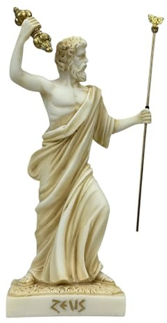 Zeus Statue König der Götter mit Thunderbolt, 20,1 cm, griechische Mythologie, gegossene Alabaster-Skulptur, Patina-Farbe, handgefertigt in Griechenland
