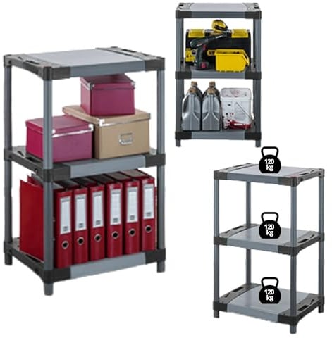 MODO24 Kunststoffregal Jupiter 98x60x46 cm, 3 Ablagen à 120 kg, Lagerregal aus Kunststoff für Keller, Garage, Vorratsraum, Werkstatt, Kellerregal, Steckregal modular, Plastikregal, Farbe: Grau