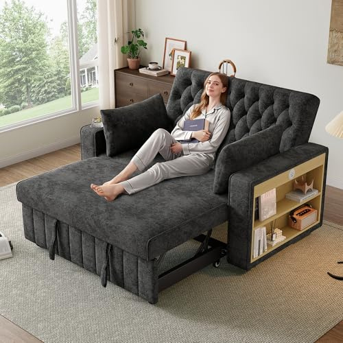 BTM Modern Convertible Sofa Bed 2 Seater with Storage, Cup Holders & Cushions, Pull Out Double Sofa Bed Settee, Grey