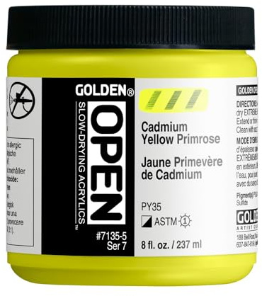 OPEN Slow-Drying Acrylics by GOLDEN, Cadmium Yellow Primrose, 8 fl oz. Jar, Professional Acrylic Paint, Semi-Opaque